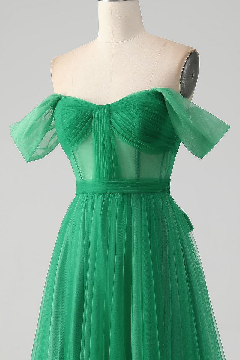 Load image into Gallery viewer, Dark Green A Line Off The Shoulder Corset Long Formal Dress