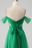 Dark Green A Line Off The Shoulder Corset Long Formal Dress