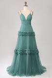 Green A Line Spaghetti Straps Tulle Long Formal Dress with Ruffles