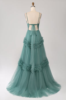 Green A Line Spaghetti Straps Tulle Long Formal Dress with Ruffles