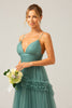 Load image into Gallery viewer, Green Tulle A Line Spaghetti Straps Long Bridesmaid Dress with Ruffles