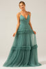 Load image into Gallery viewer, Green Tulle A Line Spaghetti Straps Long Bridesmaid Dress with Ruffles