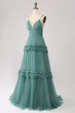 Green A Line Spaghetti Straps Tulle Long Formal Dress with Ruffles