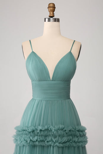 Green A Line Spaghetti Straps Tulle Long Formal Dress with Ruffles