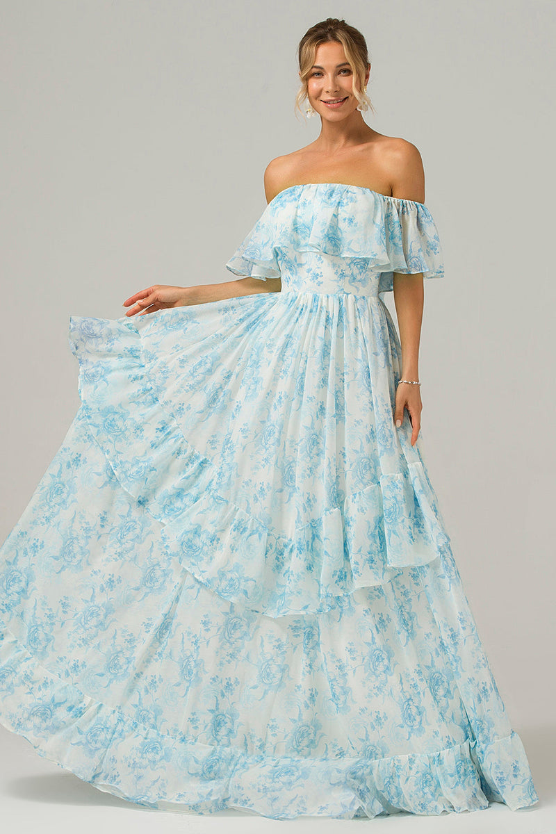 Load image into Gallery viewer, White Blue Floral Off The Shoulder Boho Long Bridesmaid Dress with Ruffles