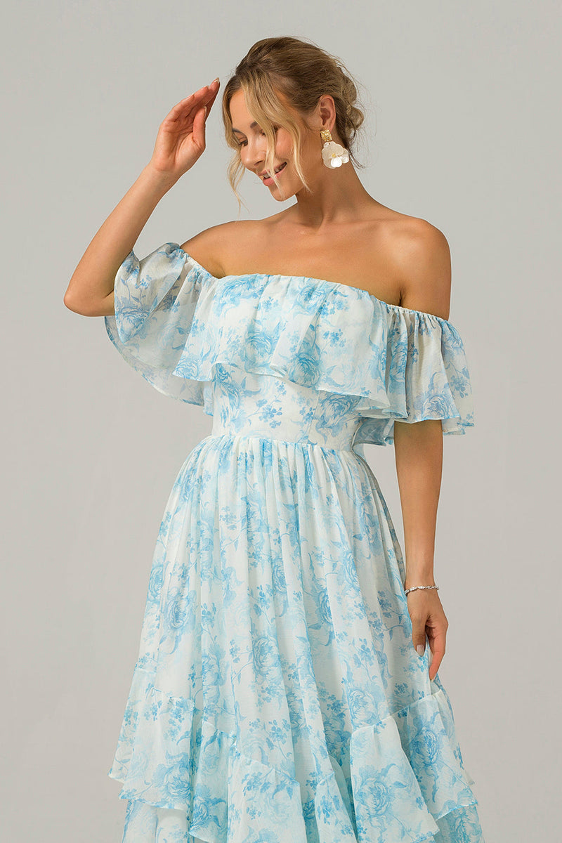 Load image into Gallery viewer, White Blue Floral Off The Shoulder Boho Long Bridesmaid Dress with Ruffles