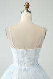 Light Blue A Line Tiered Corset Ruffled Bridesmaid Dress With Slit