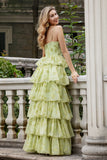 Green Flower A Line Spaghetti Straps Tiered Long Prom Dress With Ruffles