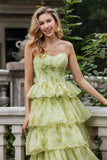 Green Flower A Line Spaghetti Straps Tiered Long Prom Dress With Ruffles