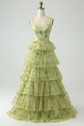 Green Flower A Line Spaghetti Straps Long Formal Dress With Ruffles
