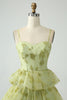 Load image into Gallery viewer, Green Flower A Line Spaghetti Straps Long Formal Dress With Ruffles