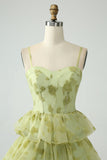 Green Flower A Line Spaghetti Straps Long Formal Dress With Ruffles