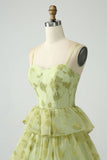 Green Flower A Line Spaghetti Straps Long Formal Dress With Ruffles