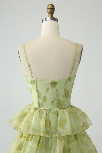 Green Flower A Line Spaghetti Straps Long Formal Dress With Ruffles