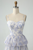 White Blue Flower A Line Spaghetti Straps Tiered Bridesmaid Dress With Ruffles