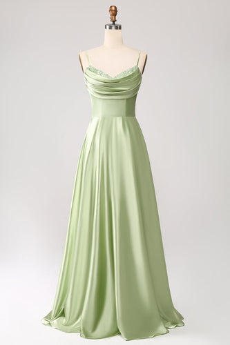 Dusty Sage A Line Cowl Neck Satin Long Formal Dress with Pleated