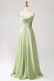 Dusty Sage A Line Cowl Neck Satin Long Formal Dress with Pleated