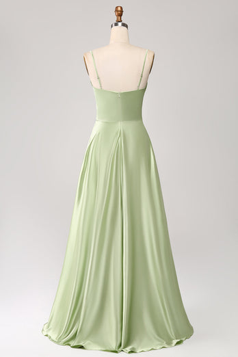 Dusty Sage A Line Cowl Neck Satin Long Formal Dress with Pleated