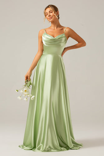 Dusty Sage A Line Cowl Neck Satin Long Bridesmaid Dress with Pleated