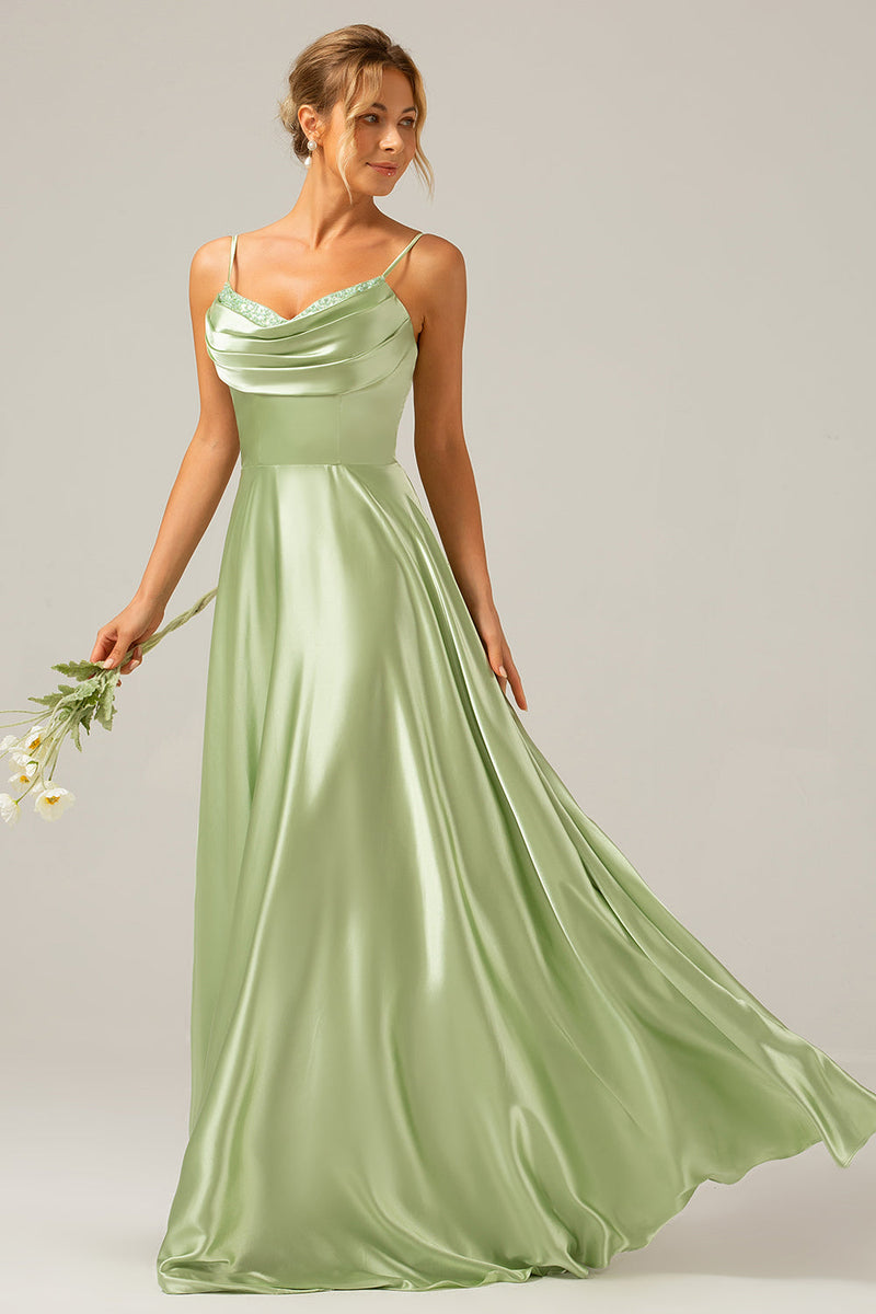 Load image into Gallery viewer, Dusty Sage A Line Cowl Neck Satin Long Bridesmaid Dress with Pleated