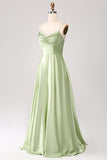 Dusty Sage A Line Cowl Neck Satin Long Formal Dress with Pleated