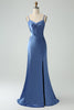 Load image into Gallery viewer, Grey Blue Mermaid Spaghetti Straps Long Satin Bridesmaid Dress with Slit
