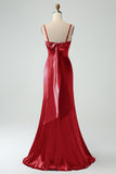 Mermaid Eucalptus Spaghetti Straps Long Satin Bridesmaid Dress with Slit