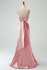 Load image into Gallery viewer, Mermaid Eucalptus Spaghetti Straps Long Satin Bridesmaid Dress with Slit