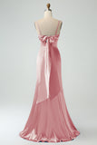 Mermaid Dusty Rose Spaghetti Straps Long Satin Bridesmaid Dress with Slit