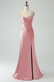 Mermaid Eucalptus Spaghetti Straps Long Satin Bridesmaid Dress with Slit