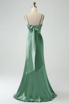 Mermaid Eucalptus Spaghetti Straps Long Satin Bridesmaid Dress with Slit