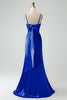 Load image into Gallery viewer, Mermaid Eucalptus Spaghetti Straps Long Satin Bridesmaid Dress with Slit