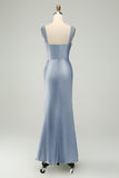 Mermaid Dusty Blue Long Bridesmaid Dress with Eyelash Lace