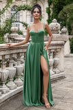 Eucalyptus A Line Spaghetti Straps Corset Pleated Satin Long Bridesmaid Dress