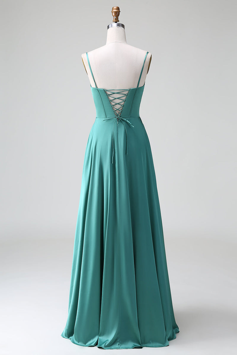 Load image into Gallery viewer, Eucalyptus A Line Spaghetti Straps Corset Pleated Satin Bridesmaid Dress