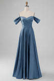 Off the Shouder Dusty Blue A Line Satin Long Bridesmaid Dress