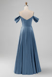 Off the Shouder Dusty Blue A Line Satin Long Bridesmaid Dress