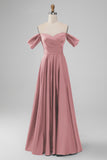 Off the Shouder Dusty Sage A Line Satin Long Bridesmaid Dress