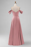 Off the Shouder Dusty Sage A Line Satin Long Bridesmaid Dress