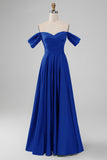 Off the Shouder Dusty Blue A Line Satin Long Bridesmaid Dress