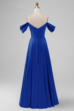 Off the Shouder Dusty Blue A Line Satin Long Bridesmaid Dress