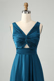 Dusty Blue A Line V Neck Keyhole Long Bridesmaid Dress