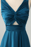 Dusty Blue A Line V Neck Keyhole Long Bridesmaid Dress