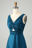 Dusty Blue A Line V Neck Keyhole Long Bridesmaid Dress