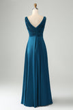 Dusty Blue A Line V Neck Keyhole Long Bridesmaid Dress