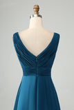 Dusty Blue A Line V Neck Keyhole Long Bridesmaid Dress