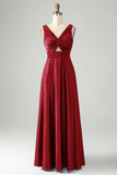 A Line Dusty Rose V Neck Keyhole Long Bridesmaid Dress