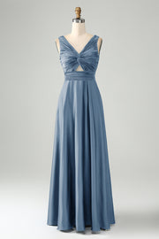 Dusty Blue A Line V Neck Keyhole Long Bridesmaid Dress