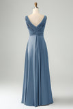 Dusty Blue A Line V Neck Keyhole Long Bridesmaid Dress