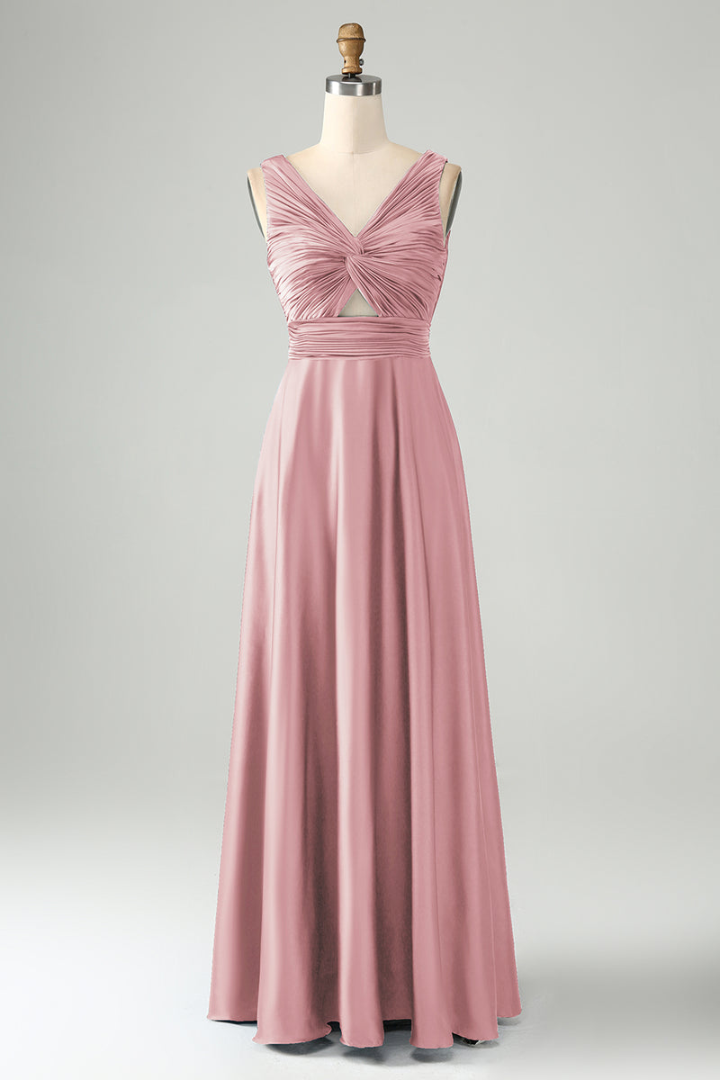 Load image into Gallery viewer, A Line Dusty Rose V Neck Keyhole Long Bridesmaid Dress